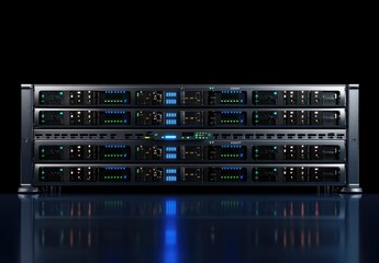 Fototapeta premium Front view of high-performance server rack with glowing LED indicators in a dark environment. Ideal for cloud computing, cybersecurity, and data storage concepts