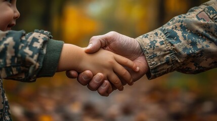 Soldier and Child Hands United in Military Respect at Memorial Ceremony. Generative AI