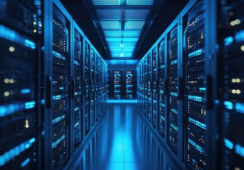 Futuristic data center with glowing blue server racks in a secure high-tech environment. Ideal for cloud computing, cybersecurity, and digital infrastructure concepts
