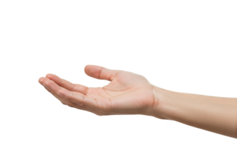 A human hand is positioned with the palm fully open and facing upwards as if offering or presenting something isolated on transparent background