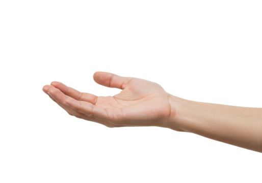 A human hand is positioned with the palm fully open and facing upwards as if offering or presenting something isolated on transparent background