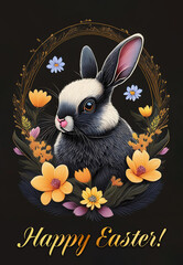 Easter holiday card concepts with portraits of a hare in spring flowers 