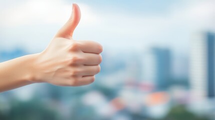 Beautiful woman's hand giving thumbs up over blurred city background with copy space