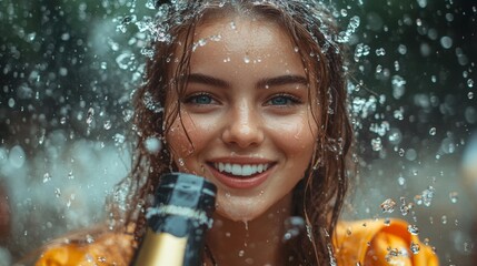 Obraz premium Young woman smiling in water with champagne bottle droplets sparkling in the sunlight. Generative AI