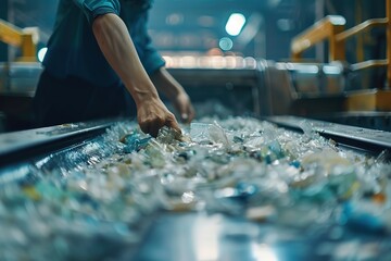 Obraz premium Worker sorting plastic waste in the factory, Ai Generated