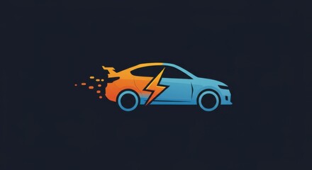 Naklejka premium A stylized electric car graphic, featuring a lightning bolt and dynamic color scheme on a dark background.