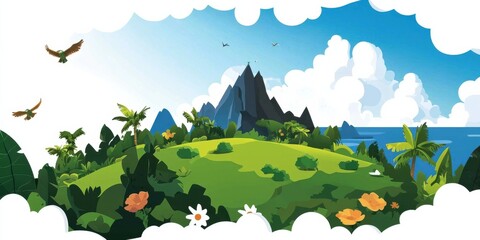Obraz premium Tropical Island Paradise Lush Green Landscape with Volcanic Mountains and Birds in Flight