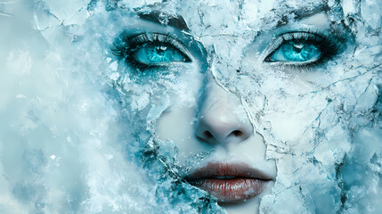 A mesmerizing broken mask reveals layers of fragility and beauty, symbolizing emotion and transformation in a unique art piece. Fragility - Snow. Illustration