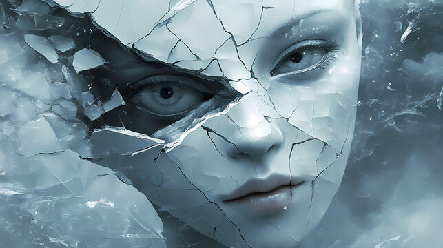 A mesmerizing broken mask reveals layers of fragility and beauty, symbolizing emotion and transformation in a unique art piece. Fragility - Snow. Illustration
