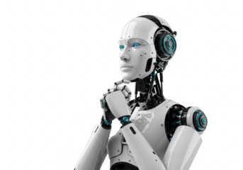 A highly detailed futuristic humanoid robot with a sleek white and metallic black body isolated on transparent background