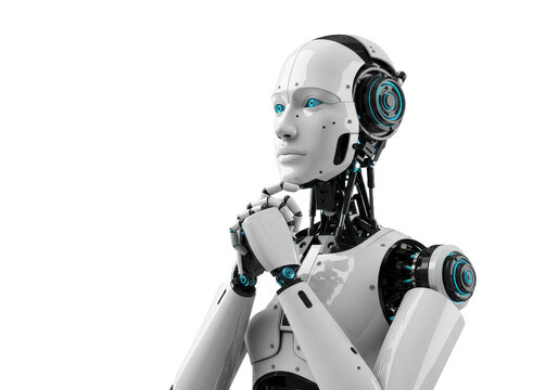 A highly detailed futuristic humanoid robot with a sleek white and metallic black body isolated on transparent background