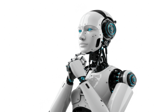 A highly detailed futuristic humanoid robot with a sleek white and metallic black body isolated on transparent background