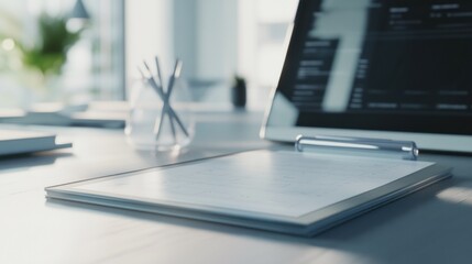Workspace Arrangement Featuring a Tablet, Clipboard and Office Supplies