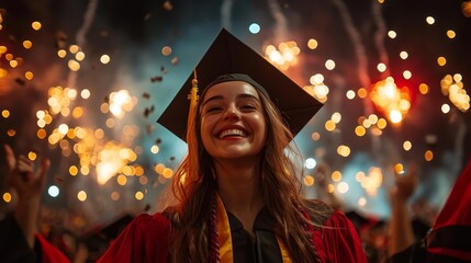 Graduation Celebration with Fireworks in the Background. Generative AI