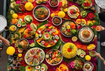 dynamic overhead shot colorful food arranged urban road surface eye catching details lively presentation, images, vibrant, colors, plates, view, texture