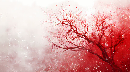 Abstract red, tree-like form extends across a textured, bright background, evoking organic structures. the image combines the fragility and complexity of nature. Fragility - Snow. Illustration