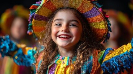 Fototapeta premium Vibrant smile of a young girl in colorful performance attire on stage. Generative AI