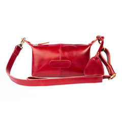 Red leather shoulder bag for women, isolated on white background