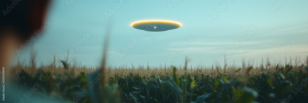Poster unidentified flying object sighting: a mysterious glowing object hovers above a serene cornfield at 