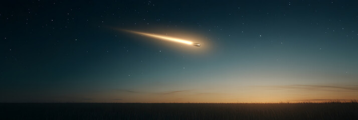 Fototapeta premium Streaking Across the Night Sky: A brilliant celestial event unfolds above a serene landscape under a canopy of twinkling stars, creating a magical ambiance.