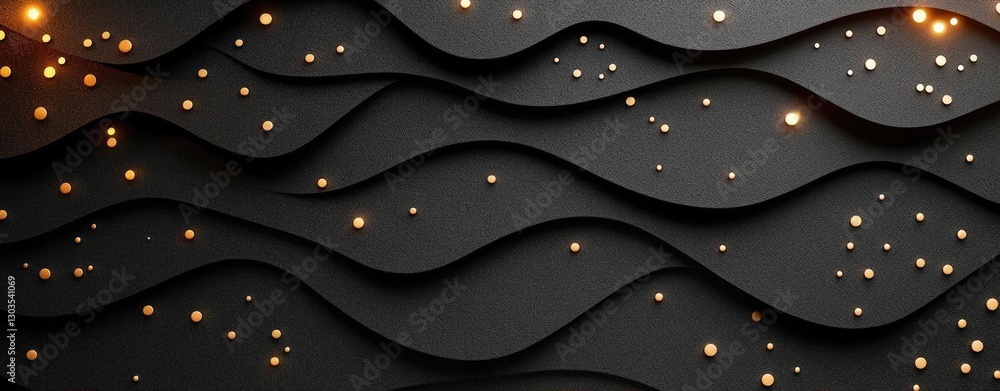 Poster abstract design featuring flowing waves and scattered golden particles on a dark background