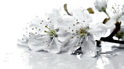 Fototapeta premium White cherry blossoms with dewdrops on petals reflecting on water