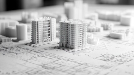 Architectural model on blueprint, urban design, planning, possible use for construction or design
