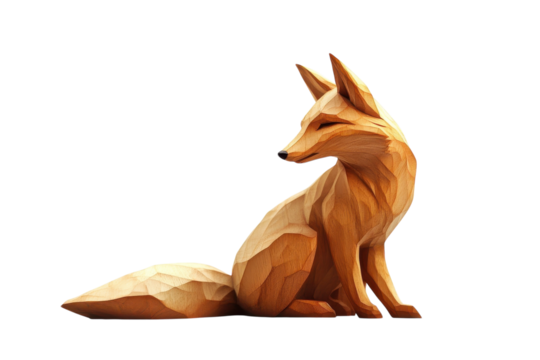 Intricately carved wooden fox sculpture elegantly posed against a minimalist backdrop isolated on transparent background