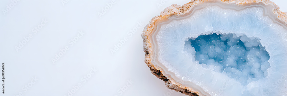 Poster blue geode slice with intricate crystal formations and a rough outer crust. a captivating display of