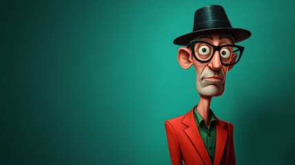 Cartoon illustration of man wearing red jacket, green shirt, black hat, and glasses against teal background, showcasing humorous and stylized portrait, ideal for digital art or graphic design projects