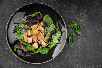 Salad turkey meat green leaves mix fresh delicious gourmet food background on the table rustic food top view copy space keto and paleo diet