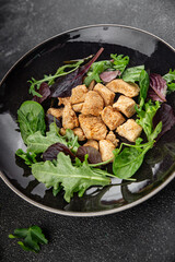 Salad turkey meat green leaves mix fresh delicious gourmet food background on the table rustic food top view copy space keto and paleo diet