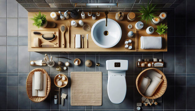 A clean and minimal bathroom setup captured from a unique overhead angle.