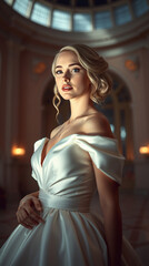 A high-fashion cinematic portrait: a stunning blonde Bride woman with delicate features and fair skin, wearing a white satin ball gown with a strapless bodice and voluminous skirt.