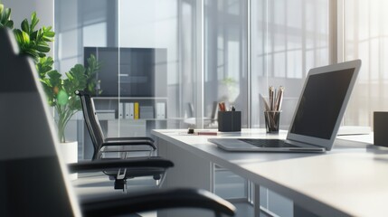 Elegant modern office space featuring a laptop and minimalist design