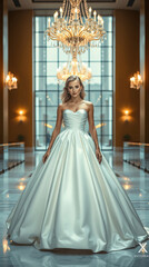 Obraz premium A high-fashion cinematic portrait: a stunning blonde Bride woman with delicate features and fair skin, wearing a white satin ball gown with a strapless bodice and voluminous skirt.