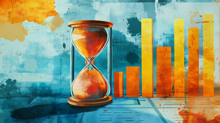 Hourglass and bar graph on financial documents symbolize time management and financial planning in budgeting. Time - Clock. Illustration