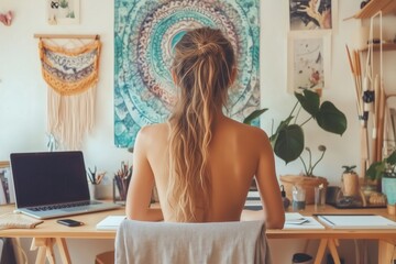 A blogger in a modern home office setting, surrounded by planners, notebooks, and a laptop.