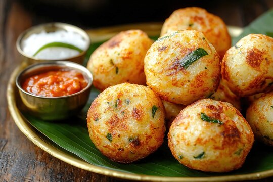 Golden Crispy Kuzhi Paniyaram with Coconut and Tomato Chutney on Banana Leaf in Brass Plate