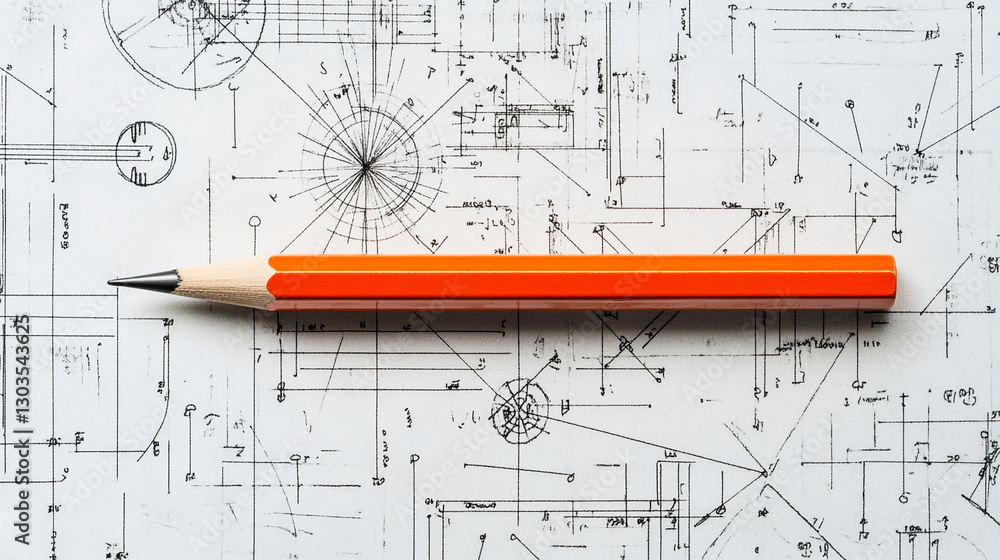 Poster Orange pencil on architectural blueprint background, showcasing design process, concept and precision in engineering or architecture