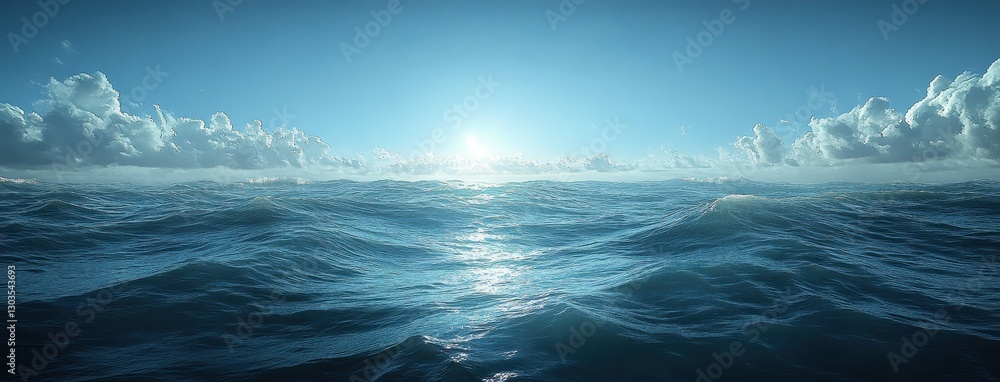 Poster serene ocean waves under bright sky with soft clouds and gentle sunlight reflected on calm water sur