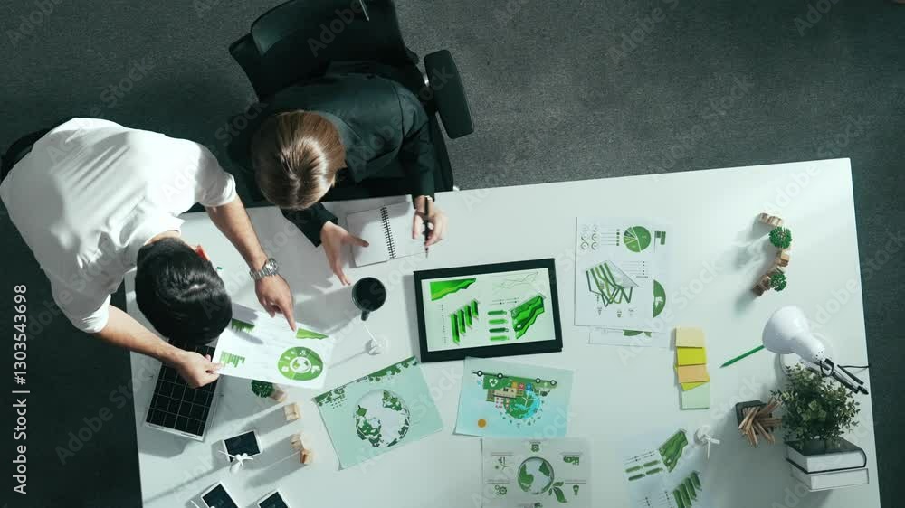 Poster top down view of business man presenting sustainable idea to manager by using tablet display esg env