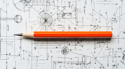 Orange pencil on architectural blueprint background, showcasing design process, concept and precision in engineering or architecture