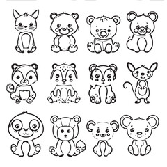cute, animal, character, vector, cartoon, illustration, happy, set, design, graphic, funny, baby, zoo, art, adorable, background, collection, giraffe, children, isolated, lion, child, bear, print, wil