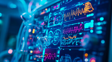 A vibrant futuristic digital interface display with waveforms and transparent elements, Design for technology presentation, banner