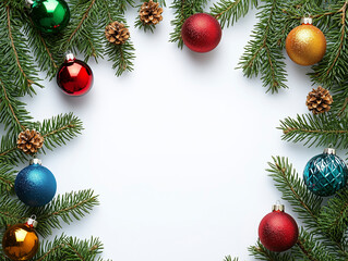 A serene capture of pine branches and colorful Christmas baubles on white.