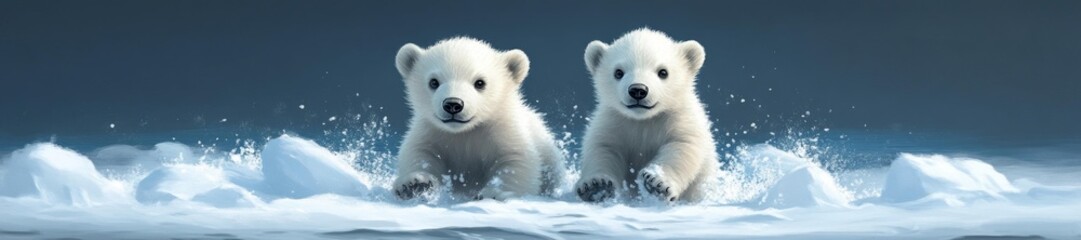Two Polar Bear Cubs Running Through Snow in Arctic Landscape. Generative AI