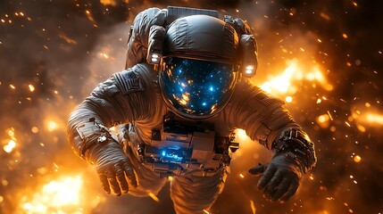 Dynamic astronaut floating amidst cosmic flames in space.