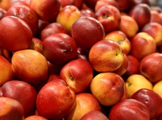 A lot of fresh red yellow colored peaches on market stall or in groceries shop area. Nectarines background. Fruit food background. Close-up