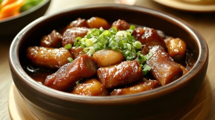 Tender pieces of braised meat simmer in a rich sauce, garnished with fresh green onions. This culinary masterpiece embodies the essence of authentic Asian dining